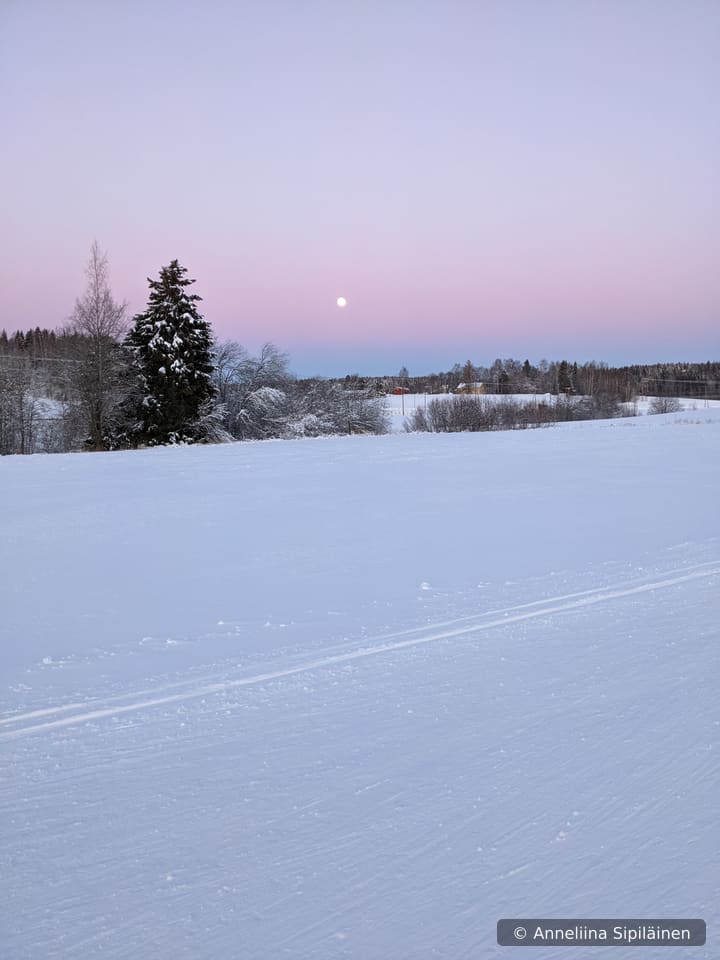 Skiing tracks on a snowy field with the bright moon on the pink sky, just before the blue moment.